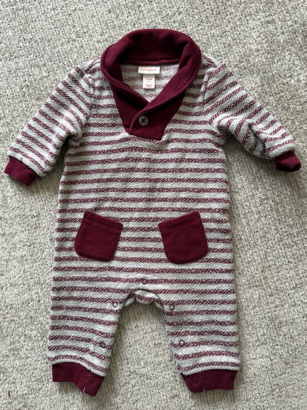 Baby Cat & Jack Burgundy Stripe Shawl Collar Romper 0-3M